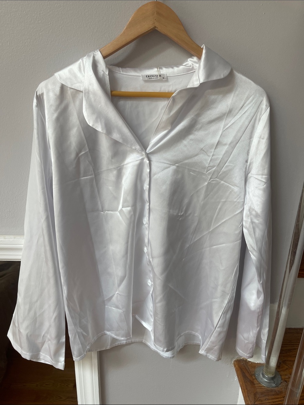 Ekouaer White Satin Button-Down Shirt